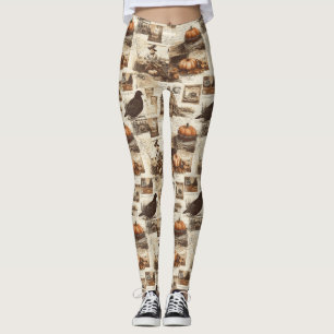 Vintage Autumn Collage   Rustic Sepia Ephemera Leggings