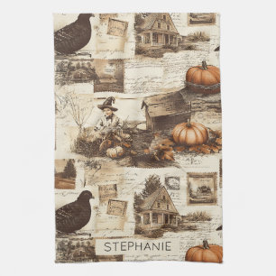 Vintage Autumn Collage   Rustic Sepia Ephemera Tea Towel