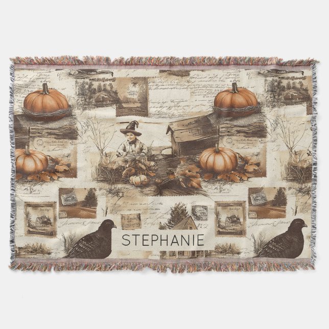 Vintage Autumn Collage | Rustic Sepia Ephemera Throw Blanket (Front)