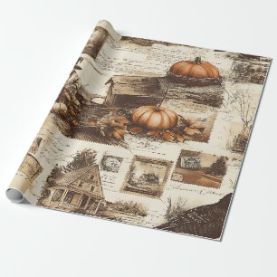 Vintage Autumn Collage Rustic Sepia Ephemera Wrapping Paper