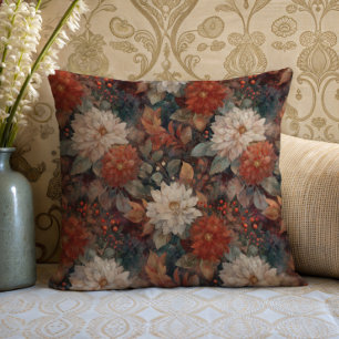 Vintage Autumn Dahlia Floral Pattern Cushion