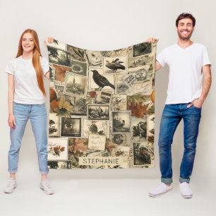 Vintage Autumn Ephemera Collage   Rustic Birds (2) Fleece Blanket