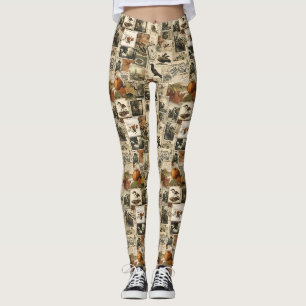 Vintage Autumn Ephemera Collage Rustic Birds (2) Leggings