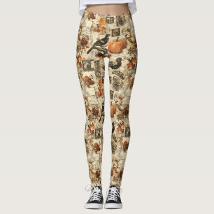 Vintage Autumn Ephemera Collage Rustic Birds Leggings