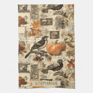 Vintage Autumn Ephemera Collage   Rustic Birds Tea Towel