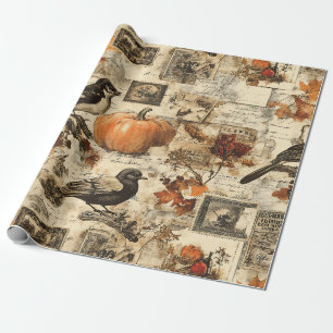 Vintage Autumn Ephemera Collage Rustic Birds Wrapping Paper