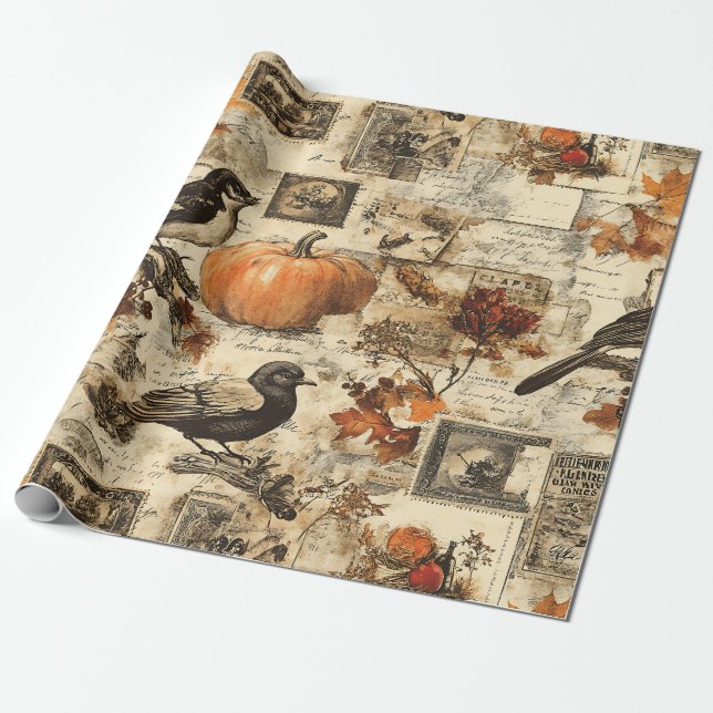 Vintage Autumn Ephemera Collage | Rustic Birds Wrapping Paper (Unrolled)