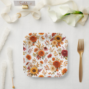Vintage Autumn Floral Pattern with Sunflowers Paper Plate