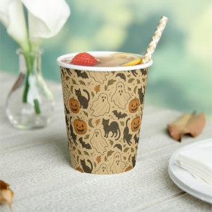 Vintage Autumn Ghosts & Black Cats Halloween Paper Cups