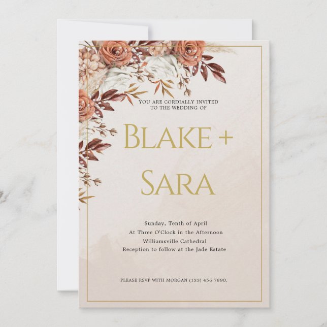 Vintage Autumn Gold Flowers Wedding Invitation (Front)