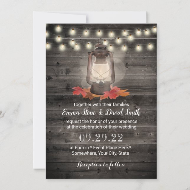 Vintage Autumn Lantern Barn Wood Fall Wedding Invitation (Front)