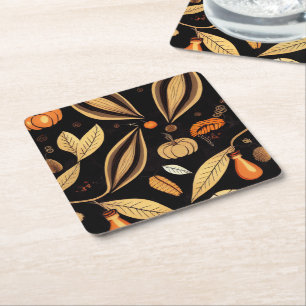 Vintage Autumn Leaves and Pumpkin Pattern Square Paper Coaster