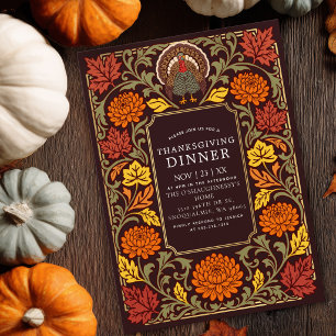 Vintage Autumn Leaves Floral Thanksgiving Dinner Invitation