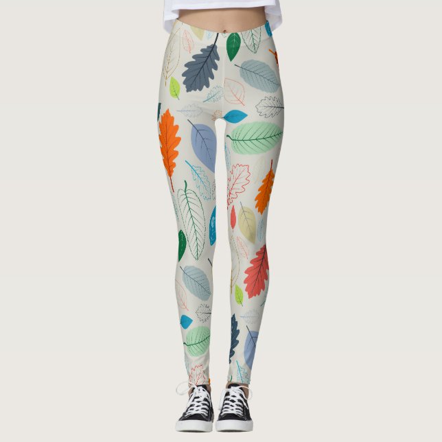 Vintage Autumn Leaves Illustration Pattern Leggings (Front)