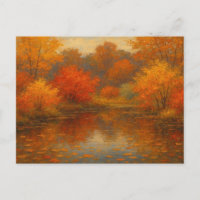 Vintage Autumn Leaves Maple Orange Red Garden Pond