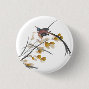 Vintage Autumn Leaves Paradise Flycatcher Bird   3 Cm Round Badge