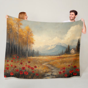 Vintage Autumn Meadow Painting Poppies Fleece Blanket