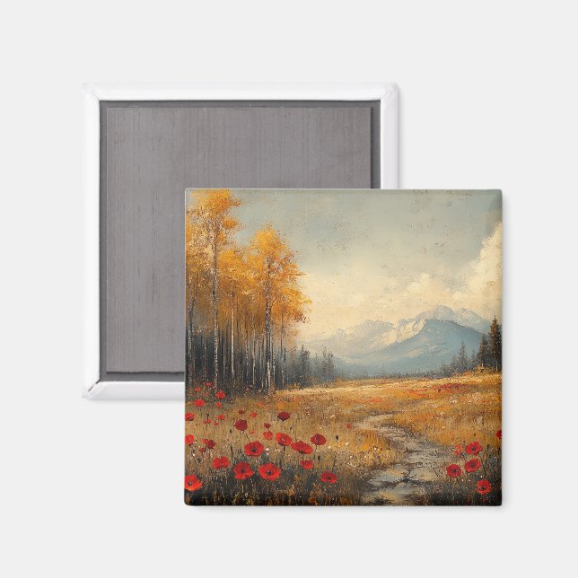 Vintage Autumn Meadow Painting Poppies Magnet (Front/Back)