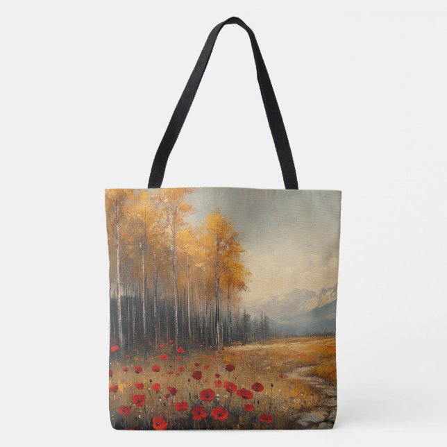 Vintage Autumn Meadow Painting Poppies Tote Bag (Front)
