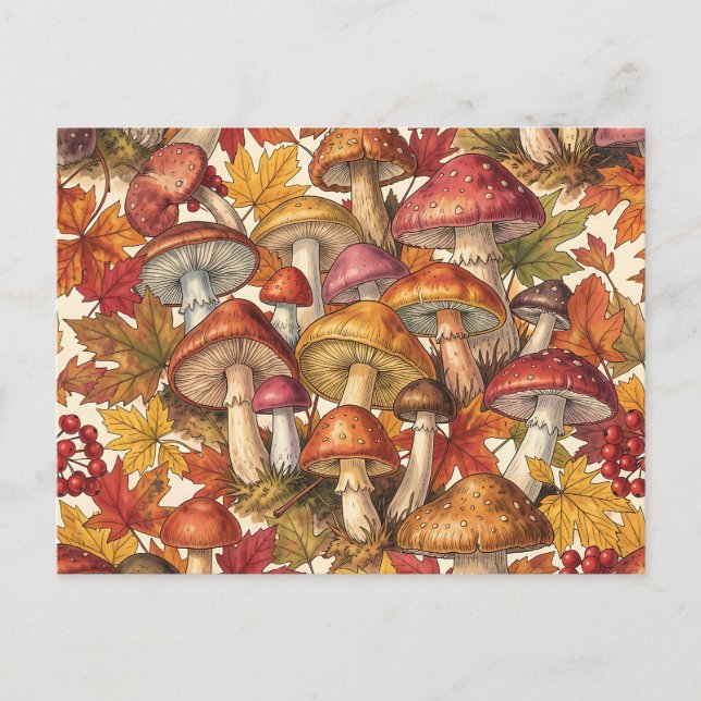 Vintage Autumn Mushroom Forest Botanical Pattern Postcard (Front)