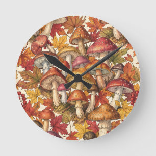 Vintage Autumn Mushroom Forest Botanical Pattern Round Clock