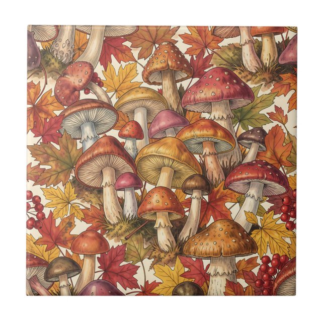 Vintage Autumn Mushroom Forest Botanical Pattern Tile (Front)