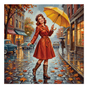 Vintage Autumn Rain Pin-up Girl Poster