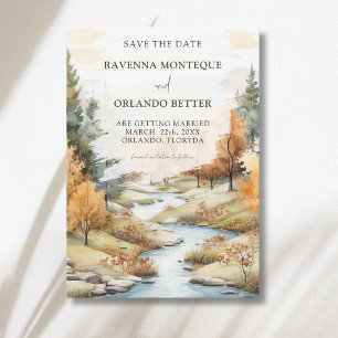 Vintage Autumn River Forest Landscape Wedding Save The Date