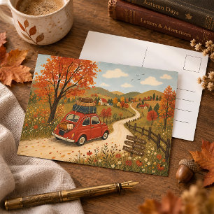 Vintage Autumn Road Trip Countryside Illustration Postcard