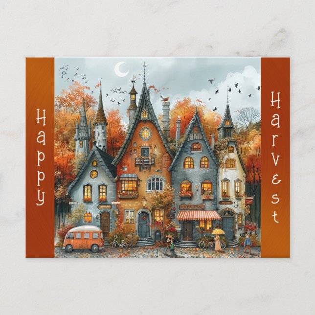 Vintage Autumn Village Thanksgiving Holiday Postcard (Front)