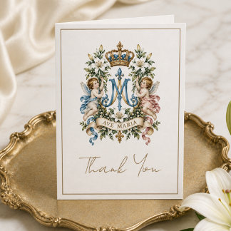 Vintage Ave Maria Catholic Angels Monogram Thank You Card