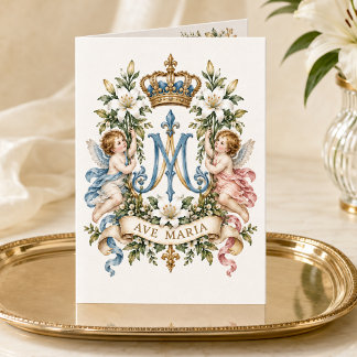 Vintage Ave Maria Catholic Angels Monogram Thank You Card