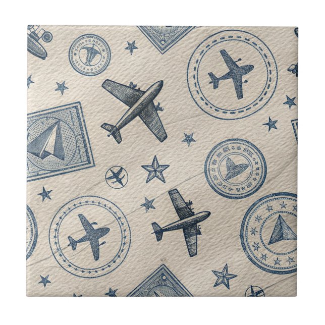 Vintage Aviation Passport Stamp Pattern (1) Tile (Front)