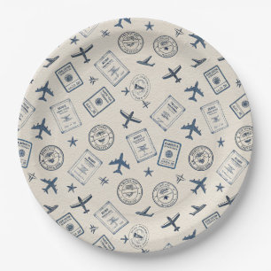 Vintage Aviation Passport Stamp Pattern (2) Paper Plate