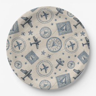 Vintage Aviation Passport Stamp Pattern Paper Plate