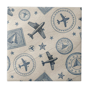 Vintage Aviation Passport Stamp Pattern Tile