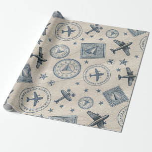 Vintage Aviation Passport Stamp Pattern Wrapping Paper