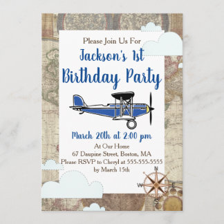 Vintage Aviator Aeroplane World Travel Birthday Invitation