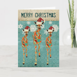 Vintage Azure & Amber Giraffes Blue Christmas Card