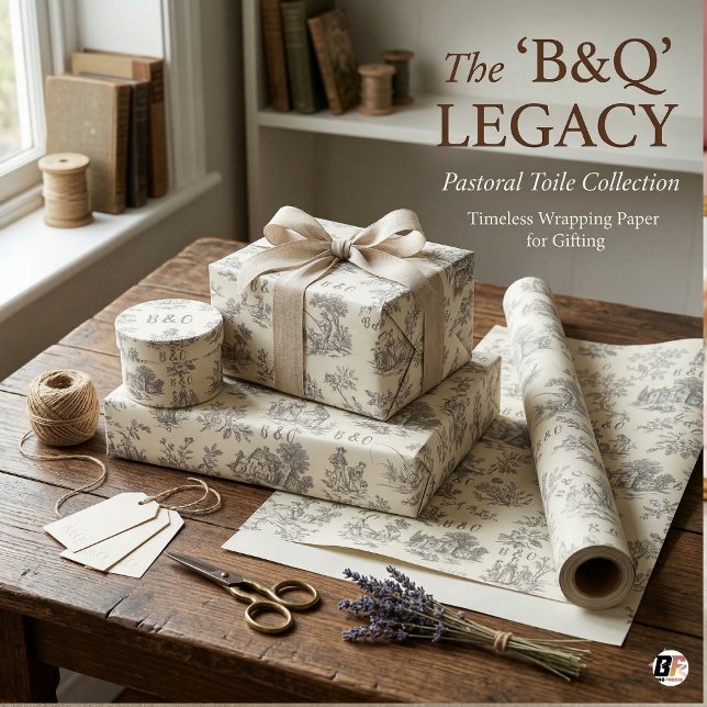 Vintage B&Q Monogram Toile Pastoral Scene Gift  Wrapping Paper (Creator Uploaded)