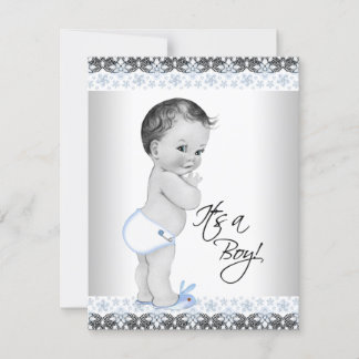 Vintage Baby Blue Black Grey Boy Baby Shower Invitation