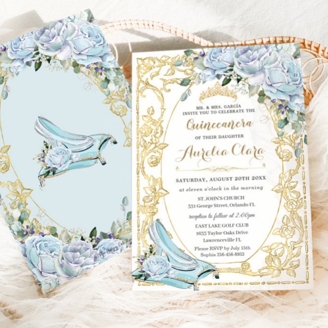 Vintage Baby Blue Roses Cinderella Quinceañera Invitation (cinderella fairytale princess baby blue vintage roses quinceanera sweet 16 birthday invitation cards)
