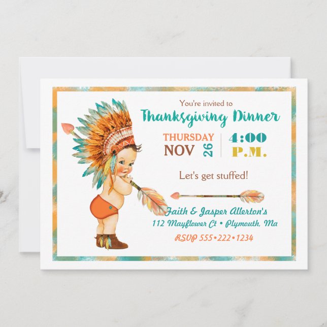 Vintage Baby Boy Tribal Headdress Thanksgiving Invitation (Front)