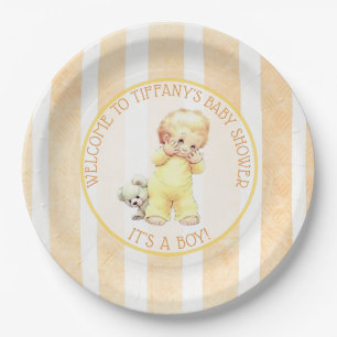 Vintage Baby Boy Yellow, Orange & Grey Baby Shower Paper Plate