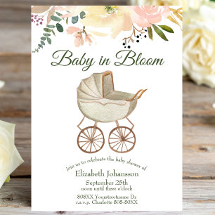 Vintage Baby Buggy and Floral Baby in Bloom Invitation