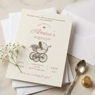 Vintage Baby Carriage Aqeeqah Islamic Baby Girl  Invitation