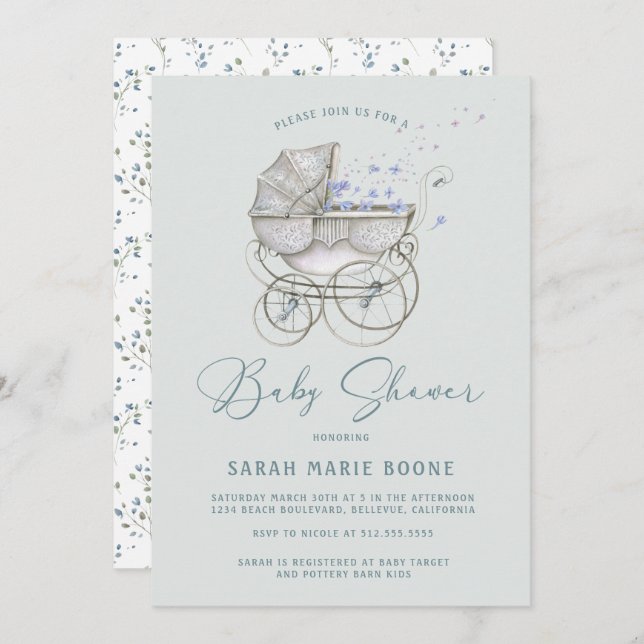 Vintage Baby Carriage Boy Baby Shower Invitation (Front/Back)