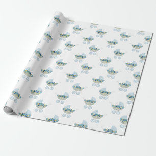 Vintage Baby Carriage Cute Blue Floral Pattern Wrapping Paper
