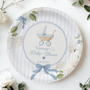 Vintage Baby Carriage French Stripes Baby Shower Paper Plate