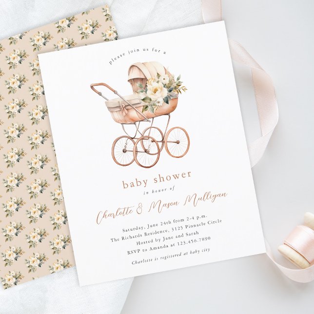 Vintage Baby Carriage Neutral Couples Baby Shower (Vintage baby carriage gender neutral budget baby shower invitation.)